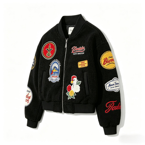 <span class=keywords><strong>Giacca</strong></span> Bomber <span class=keywords><strong>Nera</strong></span> in Pile Sherpa da Donna con Patch Ricamate Multiple, Streetwear Primaverile con Fodera in Cotone Ultra-morbido - Product Image 2