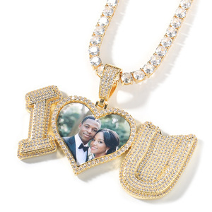 Regalo personalizzato per anniversario di matrimonio personalizzato con <span class=keywords><strong>cuore</strong></span> d'oro rosa con borchie "i Love u" foto ciondoli personalizzati con zircone CZ ghiacciato - Product Image 4