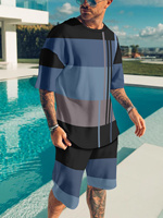 Ensemble décontracté 2 pièces pour homme avec imprimé rayé personnalisé, OEM, 100 % polyester, respirant, t-shirt à manches courtes et short de survêtement avec logo