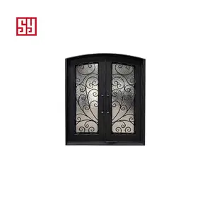 철 꽃 장인 정신과 열린 유리창이있는 현대적이고 인기있는 고급 입구 문