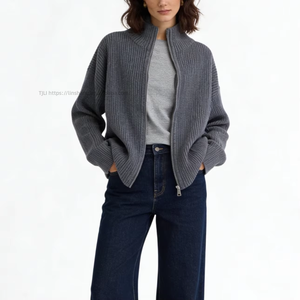 Cardigan zippé côtelé oversize pour femme, col montant, coupe ample, style décontracté, tendance - Product Image 1