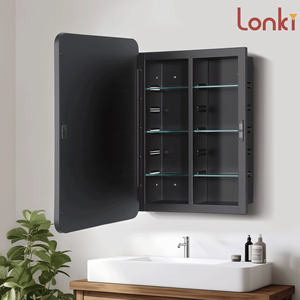 Mueble de Baño <span class=keywords><strong>con</strong></span> Espejo, Diseño de Almacenamiento, Mueble de Baño Negro <span class=keywords><strong>con</strong></span> Espejo Flotante, 6 Estantes de Vidrio para Apartamento - Product Image 2
