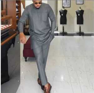 2026 African Ethnic Dashiki Men's Casual 2-Piece Long-Sleeved Solid Color <strong>Patchwork</strong> <strong>Shirt</strong> and Pants Suit - Product Image 2