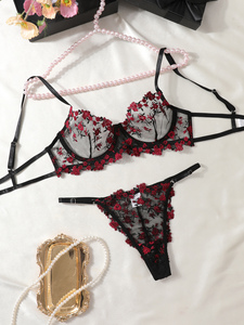 Set Lingerie Wanita Seksi 2-Potong, Bra Transparan Berbahan Mesh dengan Bordir Bunga dan G-string, Ukuran XL, Romantis, Menggoda, Tali Dapat Disesuaikan - Product Image 4