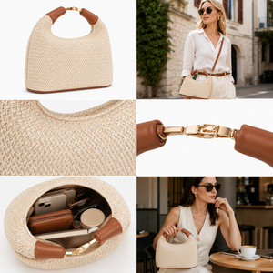 Bolso Hobo de Rafia Tejida en Forma de Media Luna, Etiqueta Privada BSCI, Bolso de Hombro de Paja Tejida para Verano con Asa de Cuero Premium - Product Image 6