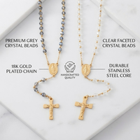 Collier chapelet en perles de cristal, crucifix catholique Saint Benito, pendentif croix en acier inoxydable plaqué or, bijoux religieux de prière