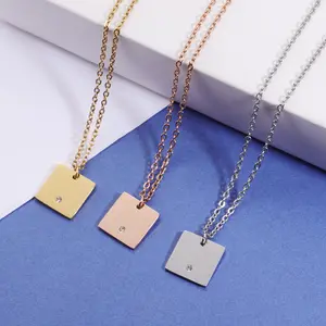 Geometric square stainless necklace with diamond can be laser lettering/logo custom