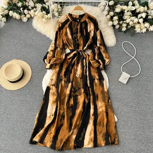 Custom retro lantern sleeve autumn dress women's waist slimming print A-line long brown dress