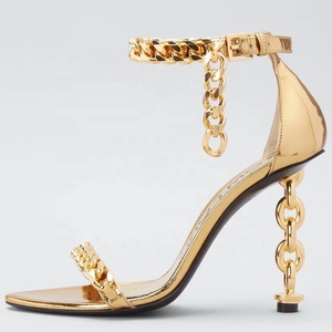 Custom Metal Heels Sandals Women Dress Stiletto Party Ankle Buckle Office Lady Shoes Open Square <b>Toe</b> High Slim Gold Heels - Product Image 1