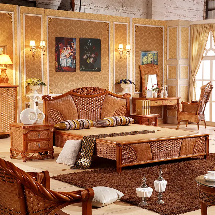 OEM ODM geleneksel endonezya rattan ahşap yatak setleri yatak odası villa