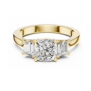 Anillo de Compromiso con Tres Piedras de Corte Cojín en Oro Amarillo, Piedras Laterales de Corte Esmeralda, Anillo de Promesa Elegante con Significados Pasado, Presente y Futuro - Product Image 1