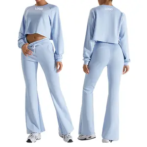 TM0151Y Women's Long Sleeve Lounge Sets Casual Top And Flare Pants 2 Piece Outfits Soft Sweatsuit With Pockets