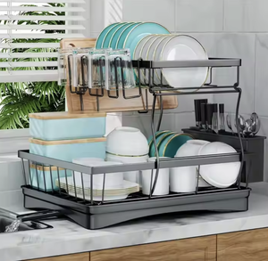 Rak Piring 2 Tingkat Baja Karbon Praktis, Lipat Besar, Organizer Rumah dengan Alas Pengering, Tempat Penyimpanan Dapur Berdiri - Product Image 2