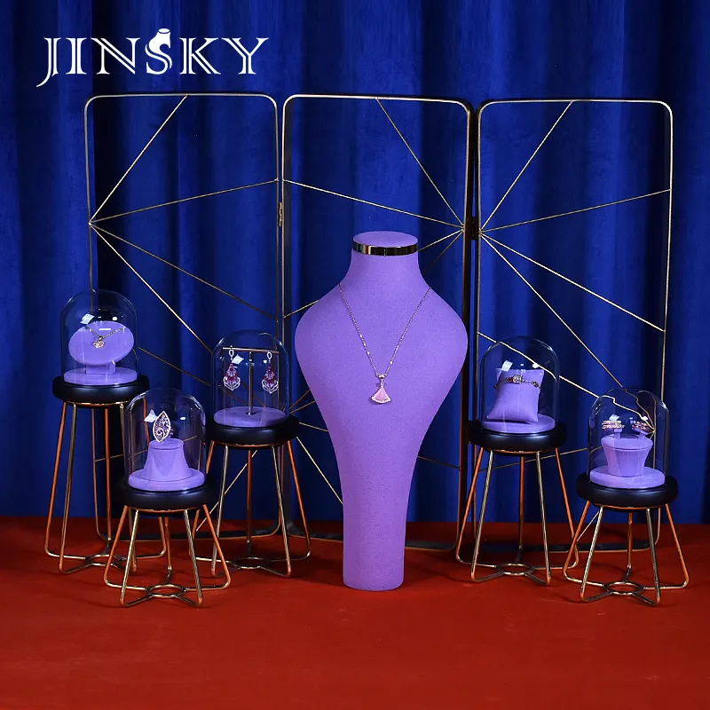 Jinskyชุดแสดงเครื่องประดับหน้าต่าง,เครื่องประดับโลหะไมโครไฟเบอร์ขาตั้งต่างหูสร้อยคอแหวนผู้ถือแสดงเครื่องประดับ