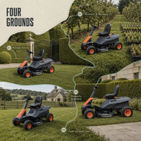 Tondeuse autoportée électrique pour jardin et estate avec système à double lame, hauteur de coupe réglable de 35 à 115 mm et plateau de 960 mm