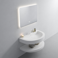 Cermin LED Vanity Kamar Mandi Dinding dari Batu Buatan Mewah dengan Kabinet Material Solid Surface untuk Hotel Modern
