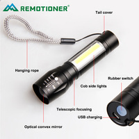 Zoom télescopique Mini lampe de poche LED rechargeable par USB avec lumière latérale COB Lumières fortes