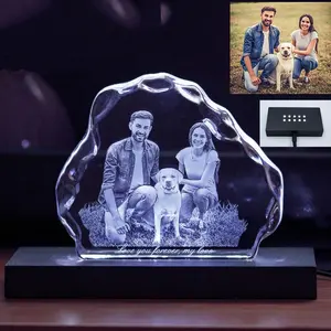 Honor of crystal glass cube souvenir crystal cube 3d laser engraving photo frame 3d Laser Crystal Cube With Led Light Base