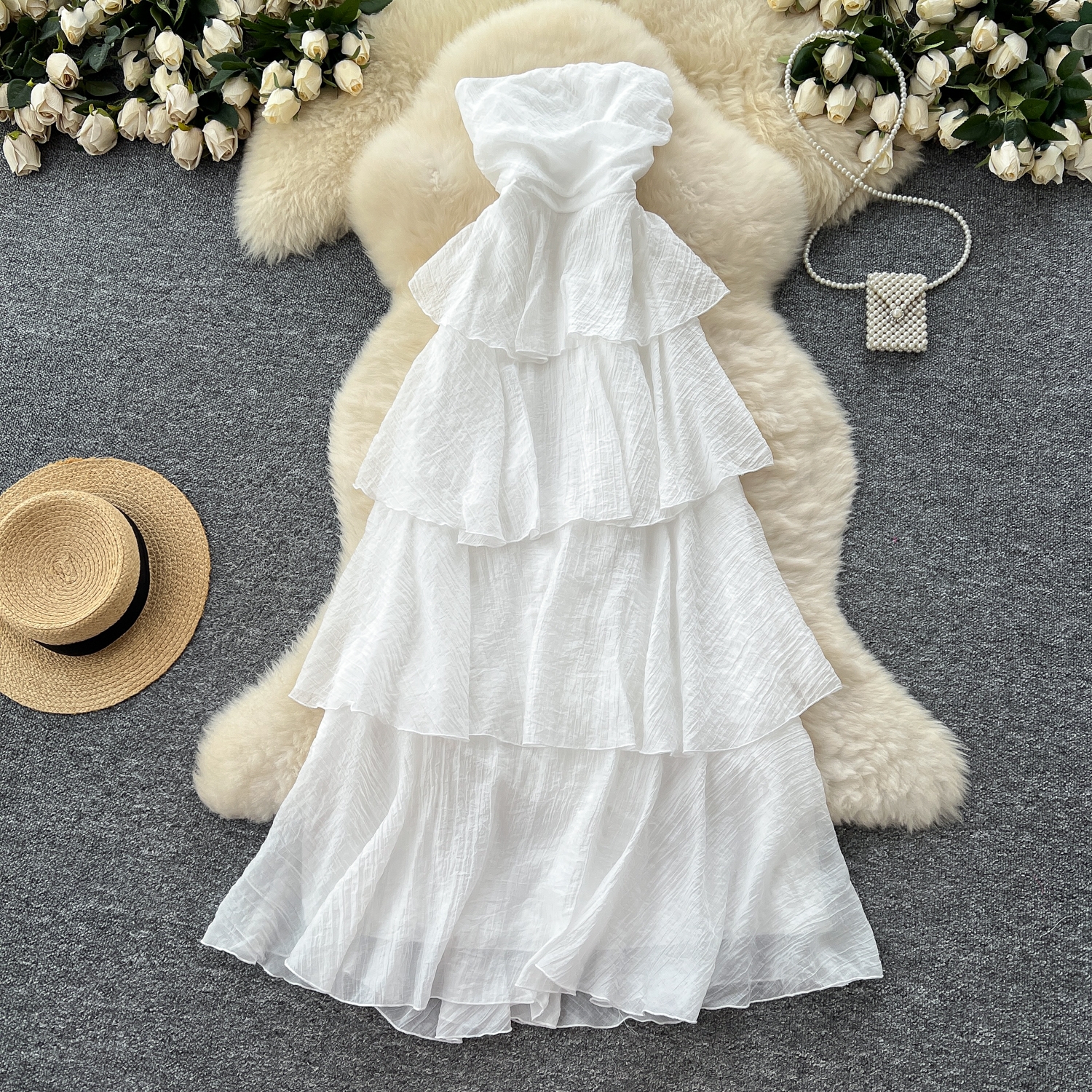 chinese dress ladies Elegant White Long Dress  Flared Skirt & Keyhole Neckline  2622  Xiaolizi
