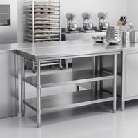 Table de travail de cuisine en acier inoxydable 201/304 de qualité commerciale, double couche, autonettoyante, capacité de charge de 300 kg/m, prix d'usine