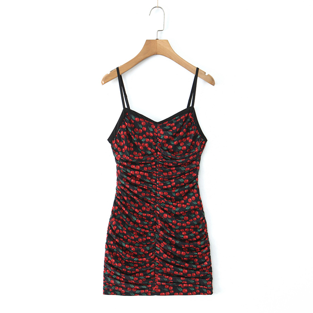 Fruit Print Black Red Color Spaghetti Strap Casual Fashion Summer Mini slip Dress for Women