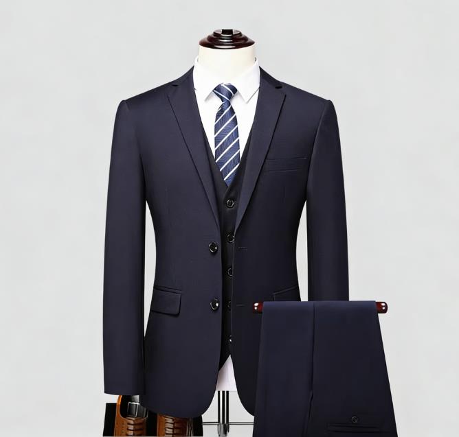 Ensemble veste bleu marine à deux boutons, chemise et pantalon.