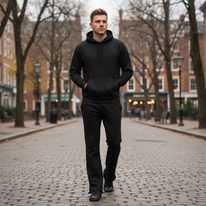 Men's 100% <b>Black</b> Cotton Pullover Tracksuit Flared Raw Hem Winter <b>Fleece</b> Sweatpants Hoodie Solid Print Sweatsuit Custom Autumn - Product Image 3