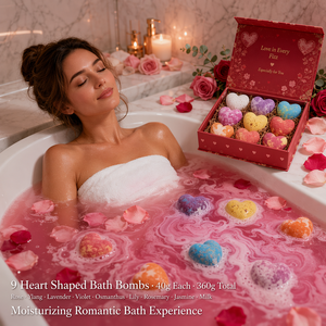 Set di Bombe da Bagno a Forma di Cuore, 9 Pezzi, a Base Vegetale, Rosa, Ylang-Ylang, Lavanda, Violetta, Osmanto, Giglio, Rosmarino, Gelsomino, Latte, Confezione Regalo - Product Image 3