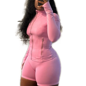 Giacca con cerniera in oro rosa e pantaloncini sportivi da <span class=keywords><strong>palestra</strong></span> da <span class=keywords><strong>donna</strong></span> Set sportivi Activewear abiti da allenamento in due pezzi Set abbigliamento <span class=keywords><strong>donna</strong></span> - Product Image 1