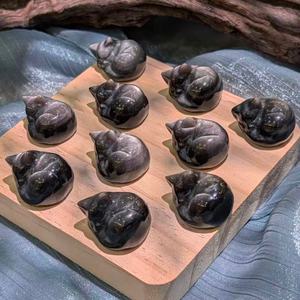 งานแกะสลักด้วยมือจากหินออบซิเดียนสีเงินรูปแมวนอนหลับ ของตกแต่งบ้าน/สำนักงาน และของขวัญเพื่อสุข<span class=keywords><strong>ภาพ</strong></span> ขายส่ง - Product Image 1