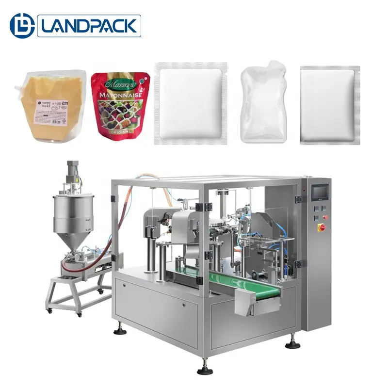 Landpack-máquina de embalaje de bolsas de soporte con boquilla automática para pasta de mantequilla de maní