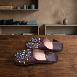 Sandalias de Cuero Genuino Marrón con Cuentas, Punta Abierta, Suaves, para Interiores, para Todas las Temporadas, Pantuflas para Mujer - Product Image 2