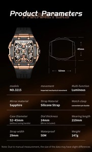 For 3215 Tonneau <b>Automatic</b> Mechanical Men's Wrist Watch High-end Luxury Hollow <b>Chronograph</b> 50m Waterproof Silicone Pointer - Product Image 2