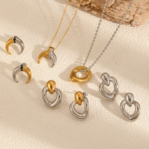 Geometric Moon Shape Stainless Steel Earrings And Necklace Set For Women Party Jewelry Fashionable <b>Titanium</b> Steel <b>Studs</b> - Product Image 2
