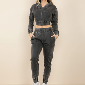 Top Trendy Women Acid Wash Jogger Suit Casual Sudadera Pantalones Set Vintage Acid Wash Women Chándal - Product Image 1