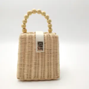 Bolsa de palha trançada para praia, sacola feminina feita em palha trançada para ombro, com cabo de miçangas, para praia e verão