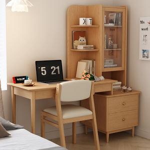 غرفة نوم دراسة منزلية بسيطة حديثة على شكل حرف L مكتب خشبي صلب ورف كتب متكامل قابل للطي مكتب كمبيوتر ومكتب مكتبة - Product Image 1