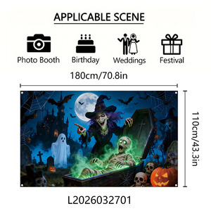 Striscione Happy Halloween, Sfondo per Foto con Zucca Notturna, Fantasma, Castello, Tombe, Decorazione 2D da Appendere per Feste, Giardino, Cortile, Casa, Club - Product Image 2
