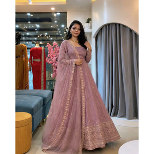 Robe Anarkali indienne traditionnelle rose pour femme, longue, en polyester, coupe ample, extensible, tenue ethnique - Product Image 1