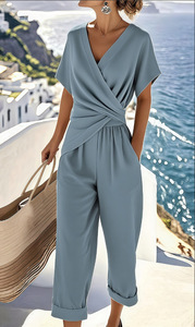 Ensemble deux pièces asymétrique à manches courtes pour femmes, couleur unie, tenue décontractée d'été - Product Image 5