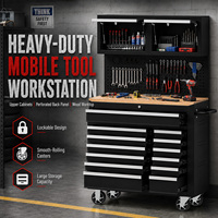 Boîte à outils roulante professionnelle de 40 pouces avec 13 tiroirs, poste de travail mobile avec huche et plateau en bois, ensemble de rangement industriel pour garage