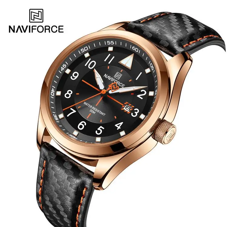 NAVIFORCE 8022 Elegant Man Carbon Fiber Leather Watch Fashion Luminous Arabic Numbers Designer Wristwatch