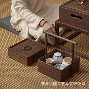 Caja de regalo de madera maciza de nogal, de doble capa, portátil, rectangular, para té y dumplings de arroz. - Product Image 3
