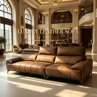 Sofa-Set aus Vollnarbenleder Dreisitzer mit Breiter Chaiselongue Übergroße Kissen Armlehne Neuer Chinesischer Stil Wohnzimmer