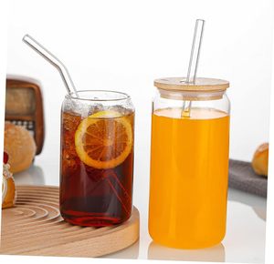Tasses à café en verre en forme de canette de bière pour thé Boba, 12/16 oz, avec couvercle en bambou moderne et paille, sans BPA, réutilisables, compatibles micro-ondes et lave-vaisselle - Product Image 5