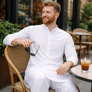 Completo <span class=keywords><strong>Etnico</strong></span> Bianco da <span class=keywords><strong>Uomo</strong></span> con Kurta e Pajama, Ricamo Personalizzato, <span class=keywords><strong>Abbigliamento</strong></span> Casual Comodo - Product Image 4