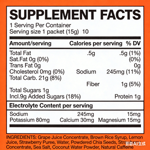 Gel énergétique électrolytique en sachet avec poudre d'eau de coco, graines de chia, caféine naturelle, saveur raisin, fraise, citron, portion de 15g - Product Image 5