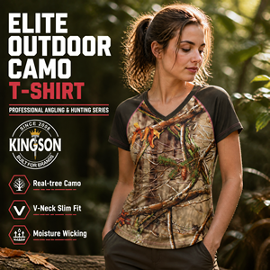 T-shirts d'été pour femmes à col en V, personnalisables avec impression par sublimation intégrale, faible MOQ, pour la chasse, la randonnée, le camping, imprimé <span class=keywords><strong>camouflage</strong></span> numérique - Product Image 2
