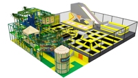 Parc de trampolines Jungle Adventure en acier inoxydable avec toboggan, cabane dans les arbres et motifs animaliers, aire de jeux intérieure commerciale pour enfants et adultes