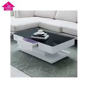High Gloss Coffee Table Tempered Glass Table White and Black with 2 Drawers Storage 8mm Living Room Furniture Modern Design coffee bar table